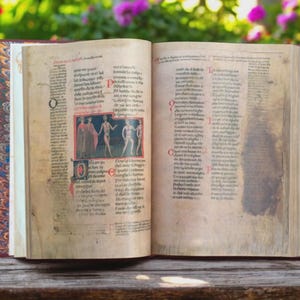 Puede incluir: Un libro antiguo abierto con páginas envejecidas y amarillentas. El libro presenta texto manuscrito detallado y una pequeña ilustración colorida. La cubierta es de color burdeos oscuro con un diseño veteado. El libro está sobre una superficie de madera.