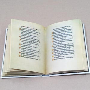 Może przedstawiać: Otwarta książka ze starymi, poż&oacute;łkłymi stronami, wyświetlająca ręcznie pisany tekst czarnym tuszem z czerwonymi i złotymi akcentami. Książka jest oprawiona w białą okładkę z niebieskim i złotym wzorem.