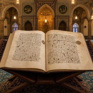Puede incluir: Un libro abierto y envejecido con escritura intrincada descansa sobre un atril de madera. El libro está situado en una gran mezquita ornamentada con arquitectura detallada, incluyendo arcos, columnas y elementos decorativos. El interior presenta una alfombra estampada.