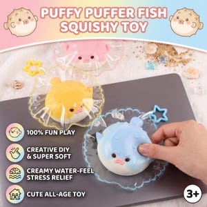 May include: A collection of colorful, squishy puffer fish toys. The toys are in shades of yellow, pink, and blue, each with a cute face and a star-shaped charm. The text "PUFFY PUFFER FISH SQUISHY TOY" is displayed at the top.