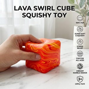 May include: A lava swirl cube squishy toy with a vibrant marble design in shades of red and yellow. The text on the image says "LAVA SWIRL CUBE SQUISHY TOY", "100% FUN", "SUPER SOFT & SQUISHY", "STRESS RELIEF", "FUN FOR ALL AGES", "VIBRANT MARBLE DESIGN", and "3+".