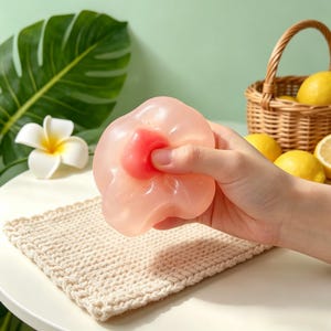 Op de afbeelding: Een doorschijnende roze stressbal met een rode kern wordt in een hand gehouden. De achtergrond omvat een witte bloem, een groen blad, een mandje met citroenen en een beige gebreid vierkant.