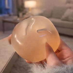 Puede incluir: Un implante mamario de silicona translúcida de color melocotón se sostiene en las manos de una persona. El implante tiene una superficie lisa y una forma redondeada, con una pequeña abertura en un lado. El fondo está borroso, lo que sugiere un entorno interior.