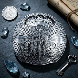 Könnte beinhalten: Eine silberfarbene Taschenuhr mit einem Drachen- und Schwertdesign. Das Zifferblatt zeigt die Zahlen 6, 7, 9 und 19. Das Bild enthält auch eine Silbermünze, einen Schlüssel und mehrere blaue Kristalle.