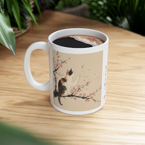 Calico Cat & Cherry Blossom Sakura Ceramic Mug - Japanese Poem Coffee Cup 11oz 15oz | CC2O MU-NI Japan