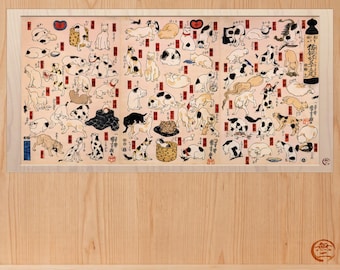 May include: A framed rectangular print featuring a collection of numerous illustrated cats in various poses and colors, arranged in a grid-like pattern on a light background, with Japanese text characters accompanying each individual cat illustration.