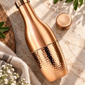 May include: A copper water bottle with a smooth upper neck and a textured, hammered lower body. The bottle features a cylindrical screw-top lid and a separate matching circular cap resting nearby, showcasing a metallic finish and reflective surface.