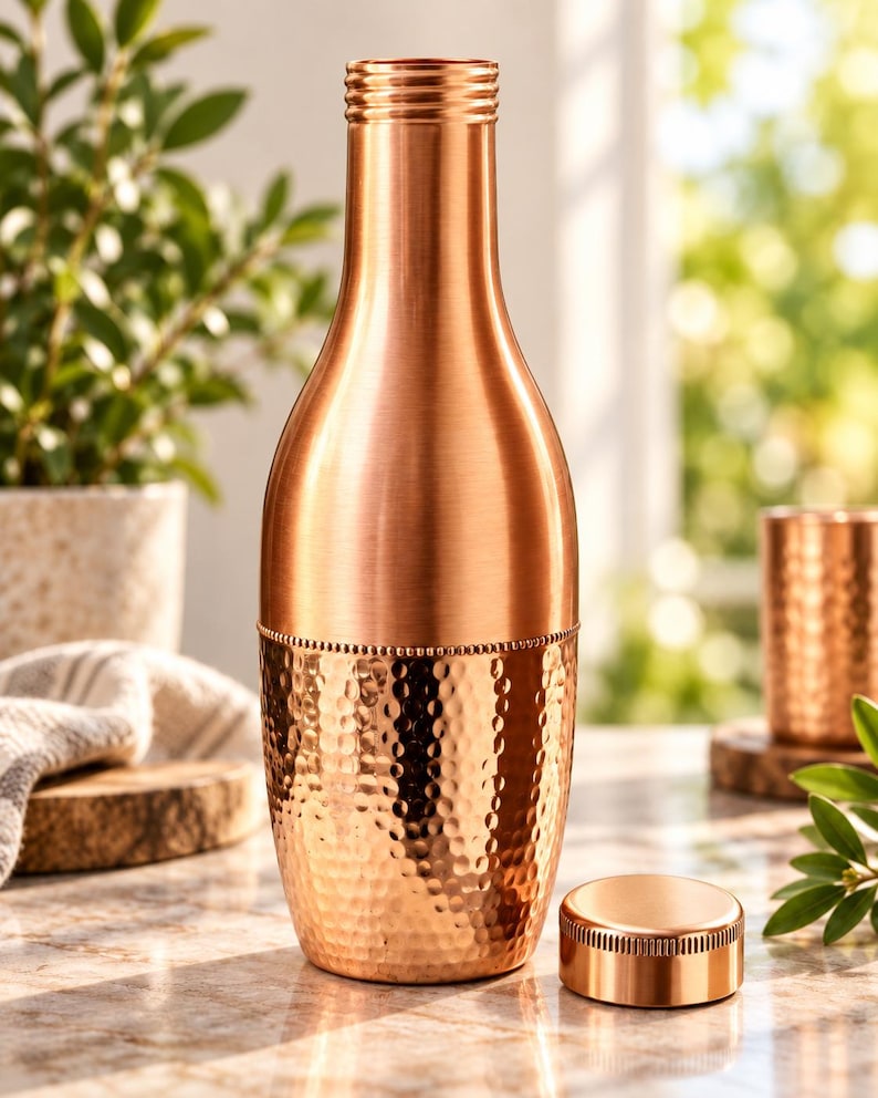May include: A copper water bottle with a smooth upper neck and a textured, hammered finish on the lower half. The bottle features a cylindrical shape with a narrow opening and a separate, matching flat copper cap resting beside the base.