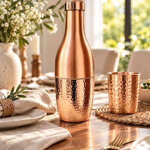 May include: A copper water bottle with a smooth upper neck and a hammered lower body, featuring a matching hammered copper tumbler. The bottle has a cylindrical cap and a distinct beaded horizontal band separating the smooth and textured sections.