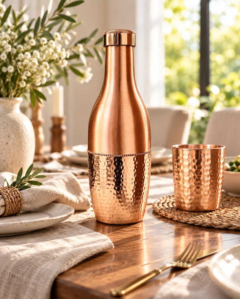 May include: A copper water bottle with a smooth upper neck and a hammered lower body, featuring a matching hammered copper tumbler. The bottle has a cylindrical cap and a distinct beaded horizontal band separating the smooth and textured sections.