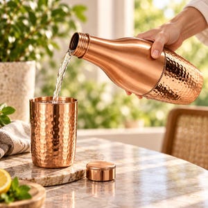 May include: A polished copper water bottle with a hammered texture on the lower half and a smooth upper neck, pouring clear water into a matching hammered copper tumbler. A small, circular, matching copper screw-top lid rests on the table surface.