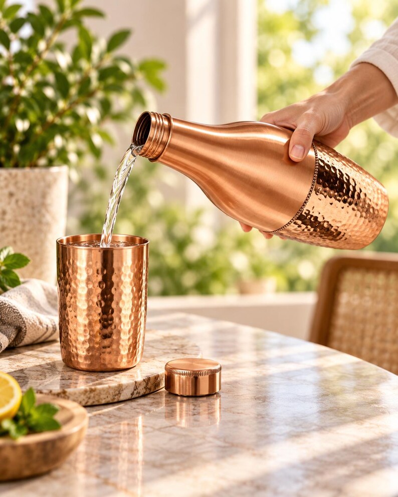 May include: A polished copper water bottle with a hammered texture on the lower half and a smooth upper neck, pouring clear water into a matching hammered copper tumbler. A small, circular, matching copper screw-top lid rests on the table surface.