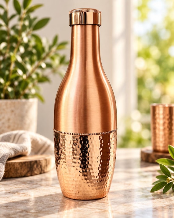 Pure Copper Water Bottle, 1.5L Hammered Finish, Ayurvedic Drinkware (Made in India)