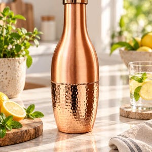May include: A copper water bottle with a smooth upper section and a hammered lower section featuring a beaded horizontal band. The bottle has a cylindrical neck and a matching metallic screw-top lid, showcasing a polished finish throughout.