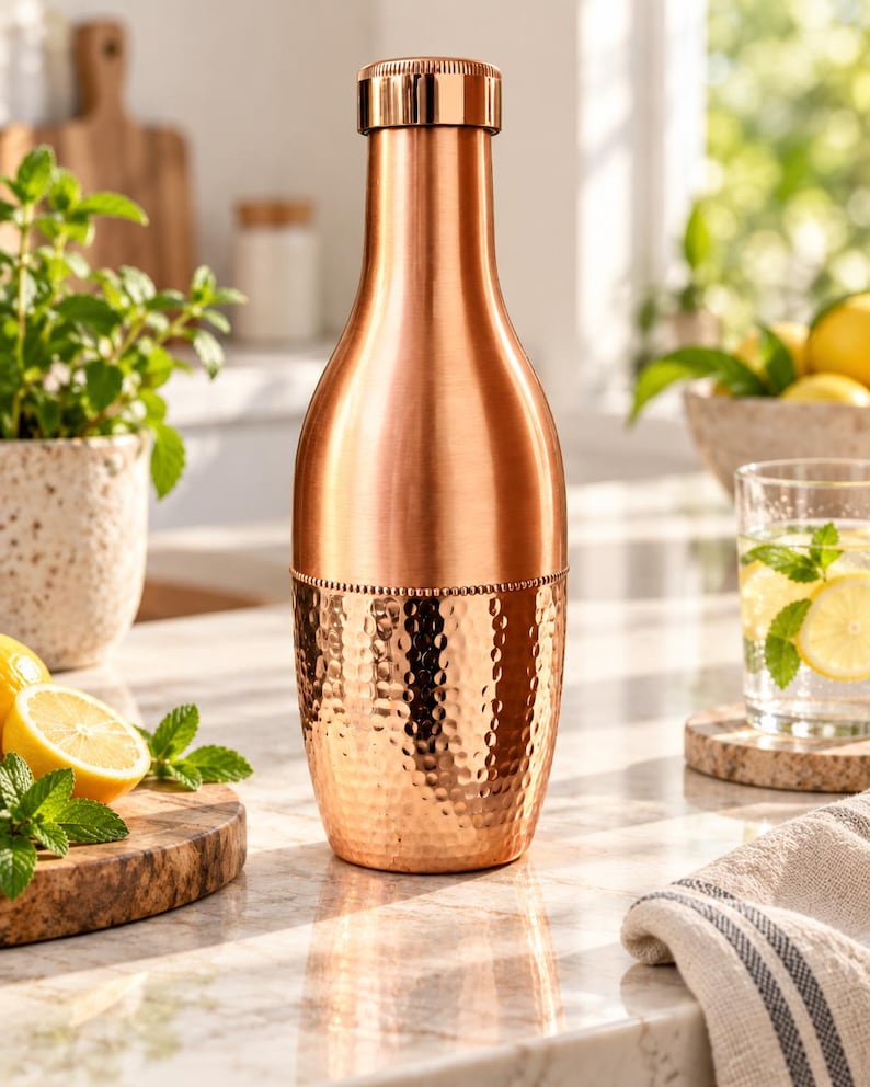 May include: A copper water bottle with a smooth upper section and a hammered lower section featuring a beaded horizontal band. The bottle has a cylindrical neck and a matching metallic screw-top lid, showcasing a polished finish throughout.