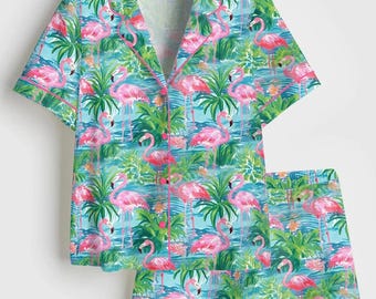 Flamingo Fling Long Sleeve Satin Pajama Set, Tropical Beach Plant Luxury Loungewear, Silk Feel Summer Sleepwear, Flamingo Print Pajamas
