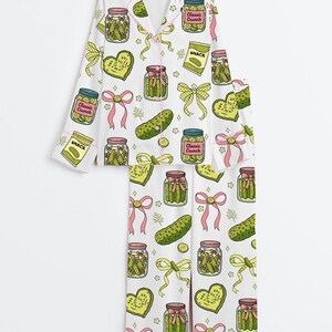 Women’s Coquette Pickle Satin Pajama Set, Coquette Ribbon Cucumber Pattern Long Sleeve , Trendy Soft Sleepwear, PJs Gift for Her Bild 3