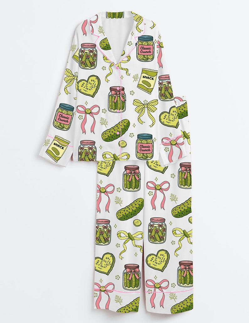 Women’s Coquette Pickle Satin Pajama Set, Coquette Ribbon Cucumber Pattern Long Sleeve , Trendy Soft Sleepwear, PJs Gift for Her Bild 3