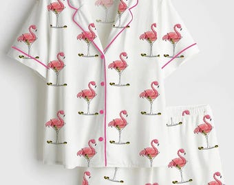 Current Mood Flamingo Satin Pajamas, Martini Cocktail Silk Pjs, Long Sleeve Summer Sleepwear, Tropical Bird Loungewear Gift, Aesthetic Pjs
