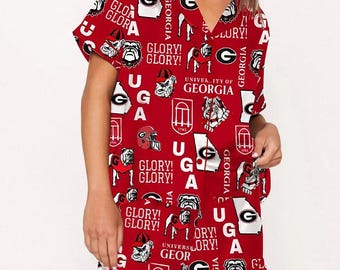 University Of Georgia At Athens Georgia Bulldogs Football Pajama Set, Bulldogs Football Long Sleeve Luxury Sleepwear, Dog Pajama Gift Her