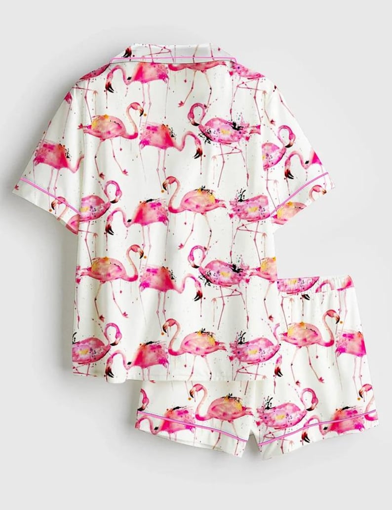 Flamingos Making A Splash Long Sleeve Satin Pajama Set, Pink Flamingo Print Luxury Loungewear, Tropical Summer Vacation Sleepwear afbeelding 2