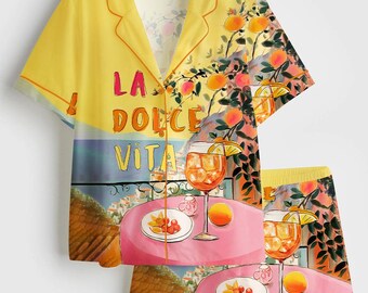 Amalfi Coast Pajamas, La Dolce Vita Satin PJ Set, Italian Quote Positano Sleepwear, Colorful Cocktail Print Loungewear, Italy Travel Gift