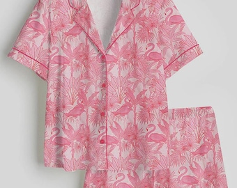 Satin Pajama Set, Pink Flamingo Pajama Set, Tropical Summer Print, Long Sleeve Luxury Sleepwear, PJs Gift for Her