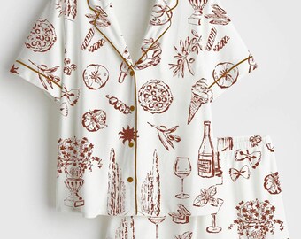 Hand Drawn Tuscany Pajamas, Dolce Vita Italy Satin PJ Set, Italian Travel Long Sleeve Sleepwear, Hand Painted Loungewear, Luxury Gift Her