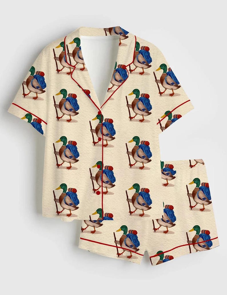 Backpacking Mallard Satin Pajama Set, Long Sleeve Silky PJs, Nature Duck Print Sleepwear, Luxury Outdoor Lover Loungewear Gift immagine 5