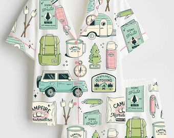 Women’s Outdoorsy Camping Pajama Set, Camping Supplies Print Long Sleeve Satin Pajamas, Cozy Adventure Sleepwear, Camping Group