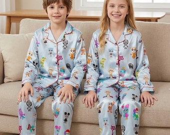Roblox Dandy’s World Silky Satin Set Pajamas for Kids, Cute Gaming Cartoon Sleepwear Kids, Dandy World Fan Gift Children's Clothing