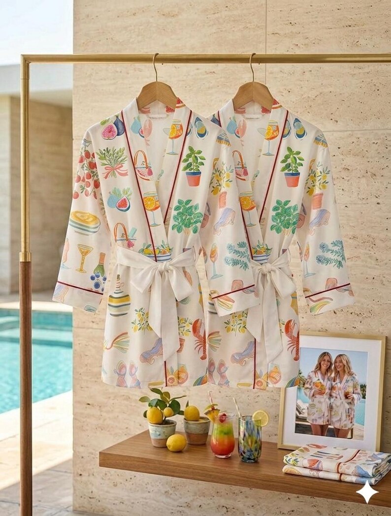 Mediterranean Summer Bridal Party Robes, Custom Fig & Lemon Print ...