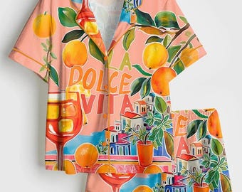 Italian Oranges Pajamas, La Dolce Vita Satin PJ Set, Retro Watercolor Italy Sleepwear, Whimsical Fruit Print Loungewear, Summer Gift for Her