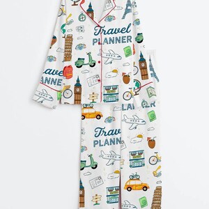 Women’s Travel Planner Pajama Set, Short Sleeve Satin Sleepwear, Matching Group Pajamas for Travel Trip image 4