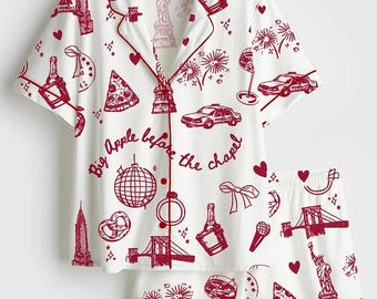 Big Apple Before The Chapel Satin Pajamas, NYC Bachelorette Silk Pjs, Long Sleeve New York Bride Gift, Bridal Party Sleepwear, Luxury Pjs