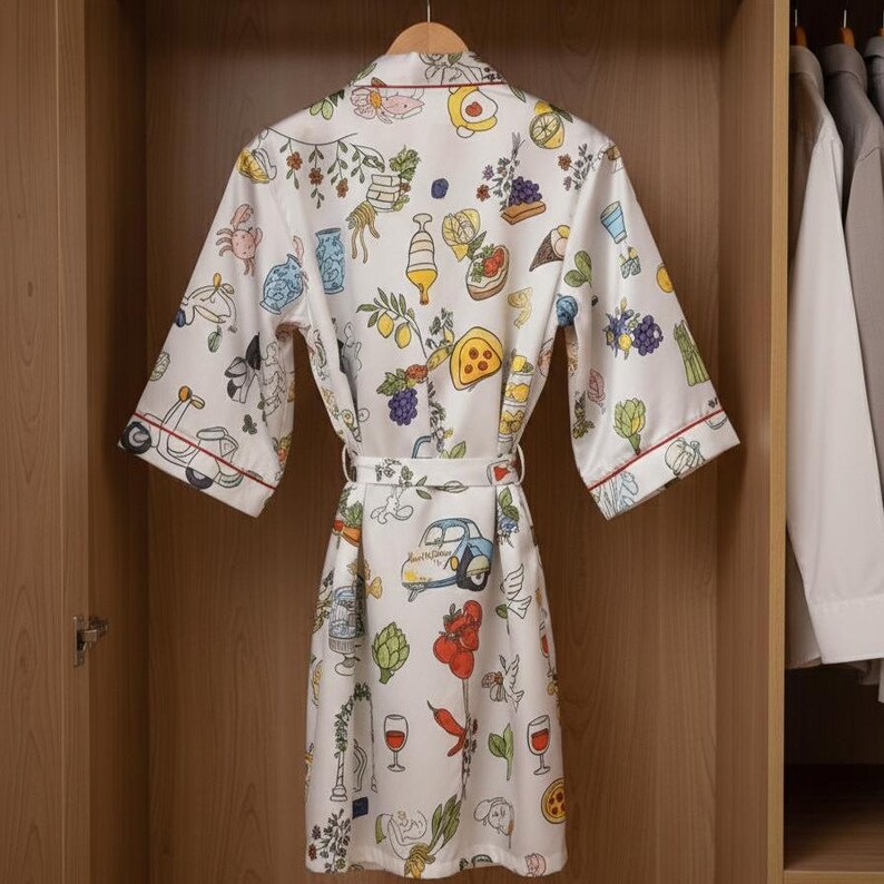 Food Robe Italian Summer Satin Robe, Mediterranean Coastal Print Bathrobe ...