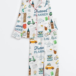 Women’s Travel Planner Pajama Set, Short Sleeve Satin Sleepwear, Matching Group Pajamas for Travel Trip image 5