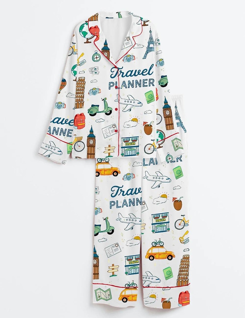 Women’s Travel Planner Pajama Set, Short Sleeve Satin Sleepwear, Matching Group Pajamas for Travel Trip image 5