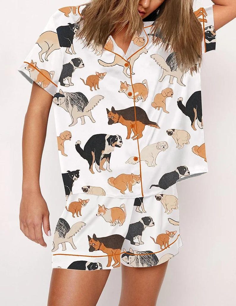 Dog Pooping Pajama Set, Lover Animal Dog Cute Meme Women Long Sleeve Luxury Sleepwear, Dog Pooping Pajamas Gift Her Girlfriend bild 1