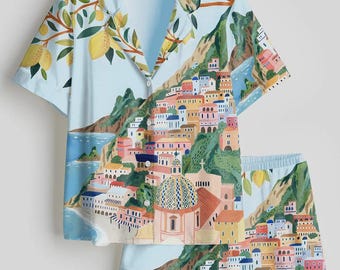 Positano Italy Travel Pajama Set, Amalfi Coast Roma Summer Beach Print, Long Sleeve Satin Pajamas, Group Outfits