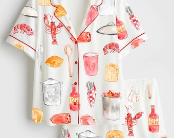 Luxury Crawfish Boil Watercolor Pajamas, Soft Satin PJs Set for Women, Summer Seafood Party Outfit, Coastal Grandmother Aesthetic Sleepwear