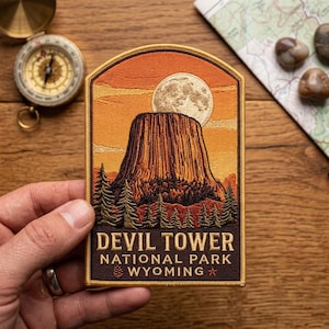 Devils Tower Embroidered Patch, Wyoming Mountain Iron On Patch, Rock Formation Nature Travel Backpack Jacket Hat Applique Gift