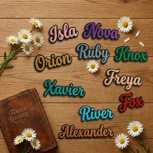 May include: A collection of embroidered name patches in various colors and cursive fonts, including Isla, Nova, Orion, Ruby, Knox, Xavier, Freya, Fox, River, and Alexander, arranged alongside white daisy flowers and a brown book labeled Family Reccord.