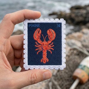 Maine Lobster Vintage Postage Stamp Embroidered Travel Souvenir Patch, High Quality Applique, Iron on, Sew on, Hook and Loop