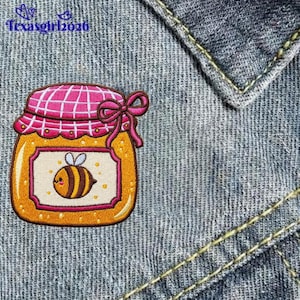 Kawaii Honey Jar with Bee Embroidered Patch, Pink Bow, Iron on, Sew on, Hook and Loop