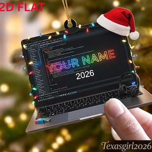 Personalized Coding Laptop 2D FLAT Ornament, Custom Name Developer Programmer Xmas Tree Decor, Tech Gift 2026.