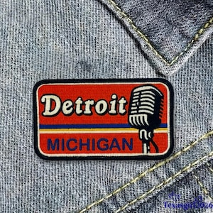 Detroit Michigan Patch Vintage Microphone Music Motown Style Embroidered Badge for Jacket Backpack Hat