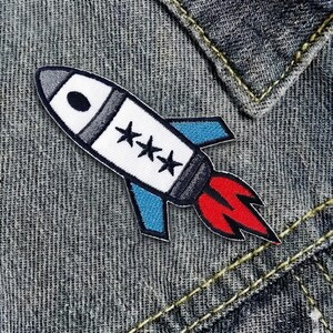 Cute Rocket Shuttle Space Ship Embroidered Patch, Cartoon Galaxy Applique for Kids Jackets Backpacks, Iron On, Sew On, Hook and Loop