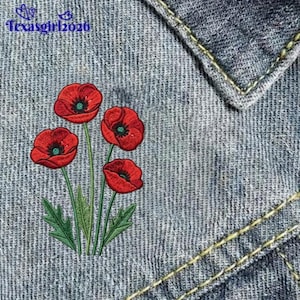 Red Poppy Floral Botanical Remembrance Embroidered Patch, Iron on, Sew on, Hook and Loop