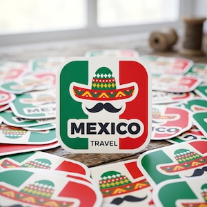 May include: A collection of square stickers with a Mexican theme. Each sticker features a sombrero, mustache, and the word "MEXICO" in white text, with "TRAVEL" below. The stickers are red, green, and white.